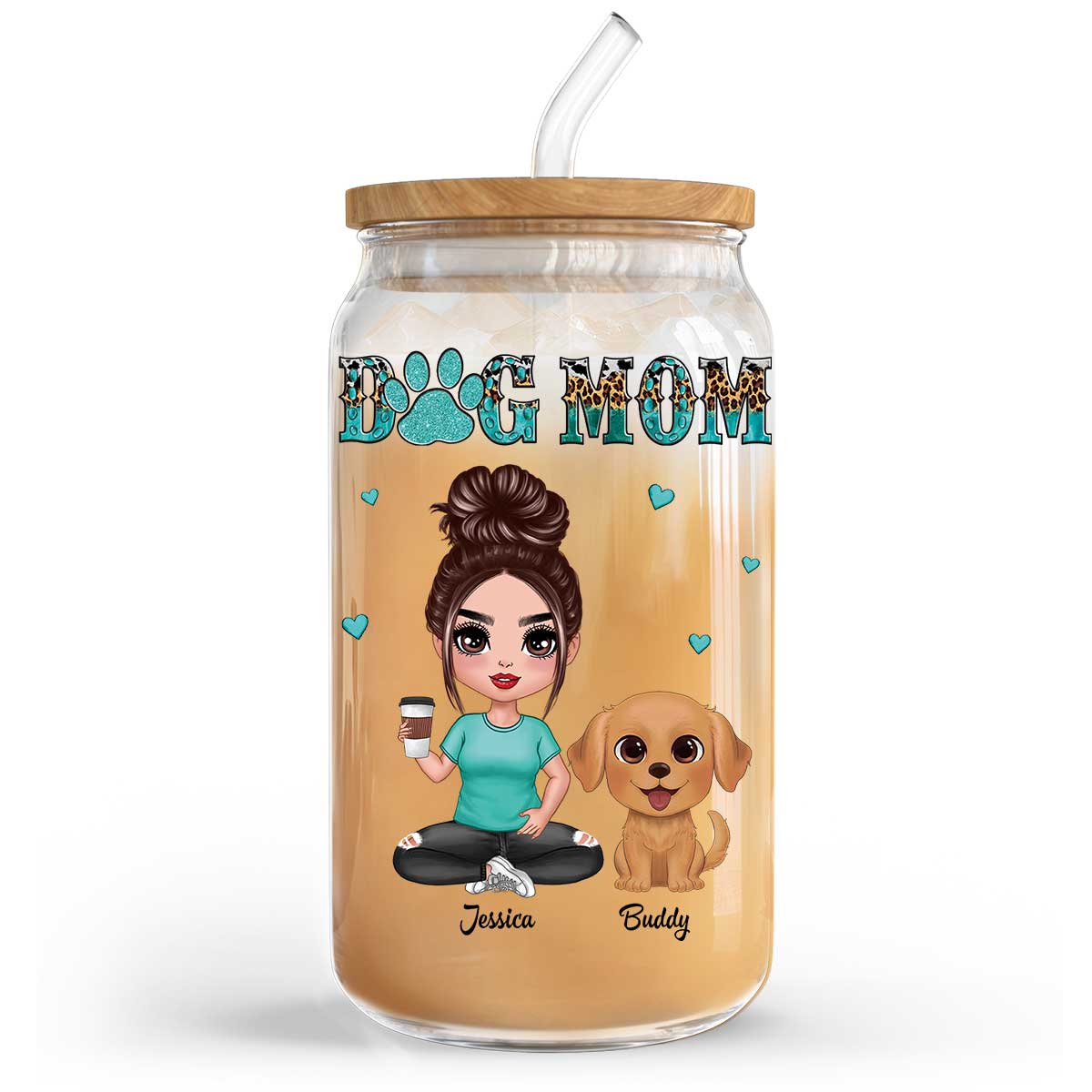 Watercolor Cute Dogs Teal And Leopard Dog Mom Personalized Clear Glass Can