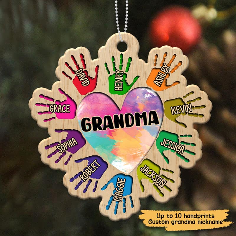 Grandma Heart Handprint Personalized Wooden Ornament