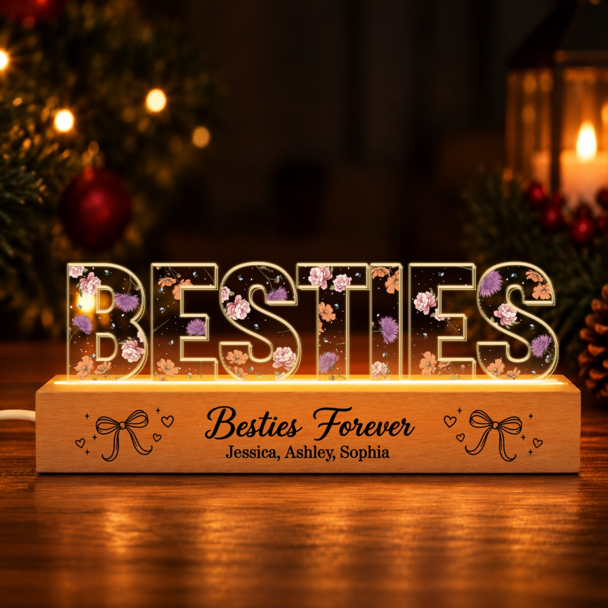 Besties Forever Together Custom Birth Month Flowers - Personalized Acrylic Plaque LED Night Light - Christmas Gift Best Friends, Besties