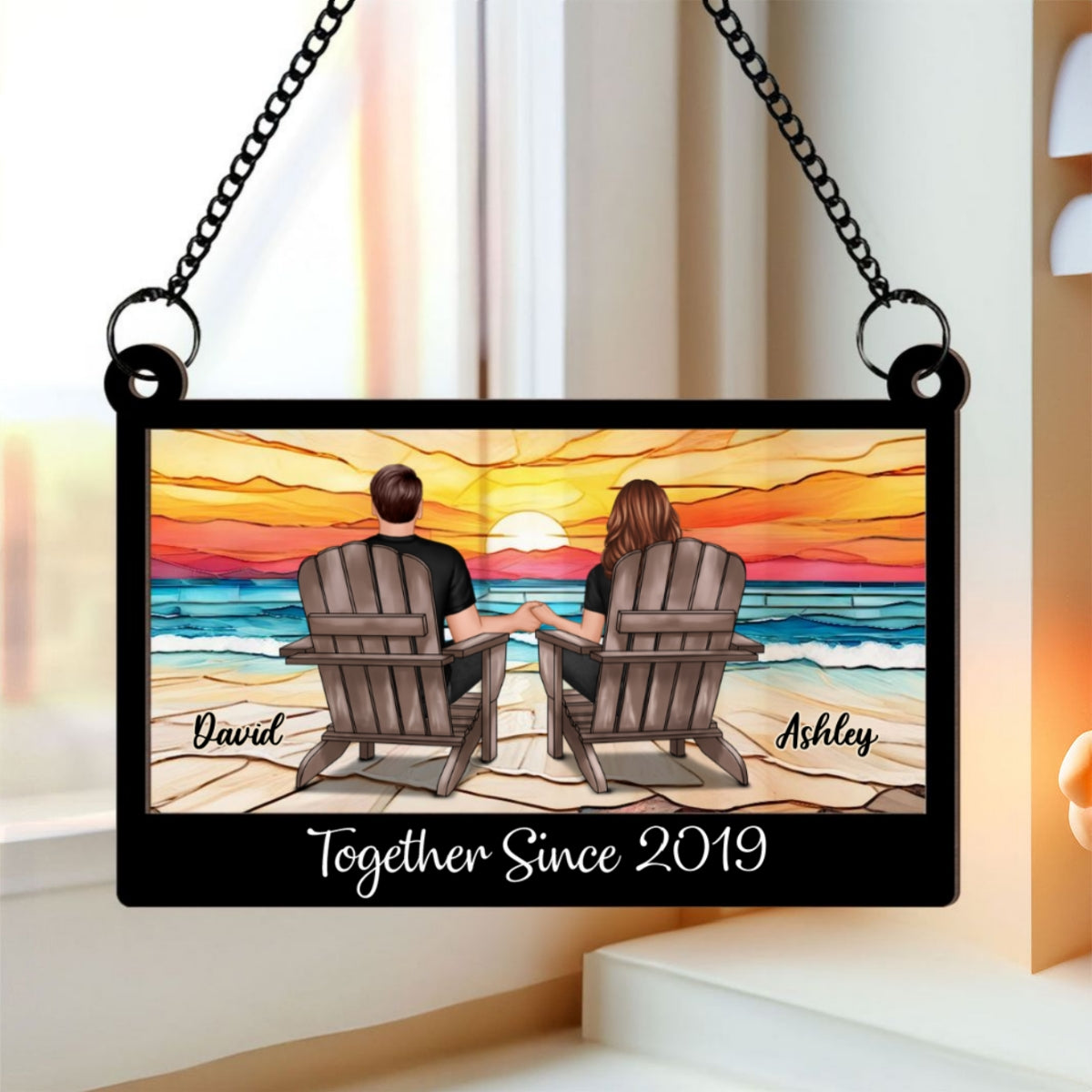 Couple Sitting Back View At Beach Landscape Stained Glass Personalized Suncatcher