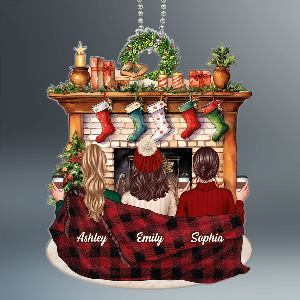 Besties Sisters Sitting Front Fireplace Personalized Acrylic Ornament
