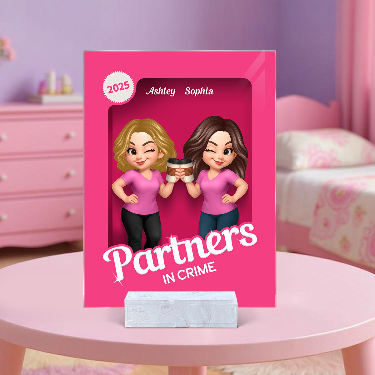 Besties Sisters 3D Effect Pink Toy Box Personalized Acrylic Plaque, Gift for Besties, Best Friends