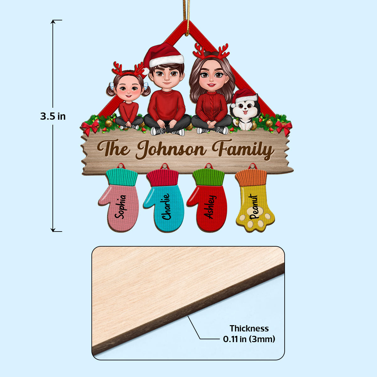 Happy Family Sitting Christmas Glove Personalized Wooden Ornament
