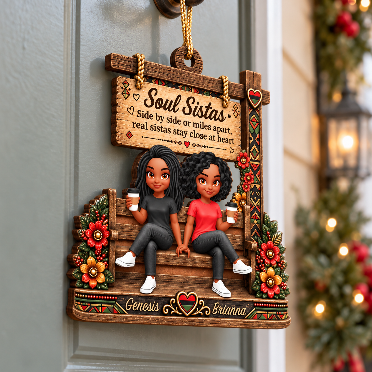 Soul Sistas Sitting Under Sign Post 2D Flat Printed - Personalized Wooden Ornament - Friendship Keepsake, Christmas Gift For Besties