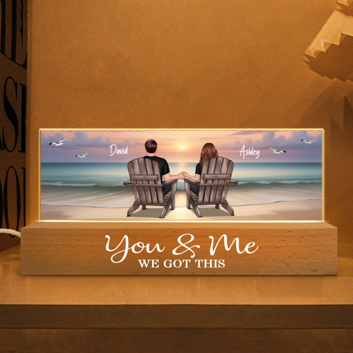 Eternal Sunset Beach Couple Personalized Acrylic LED Night Light, Heartfelt Anniversary Gift For Girlfriend, For Wife