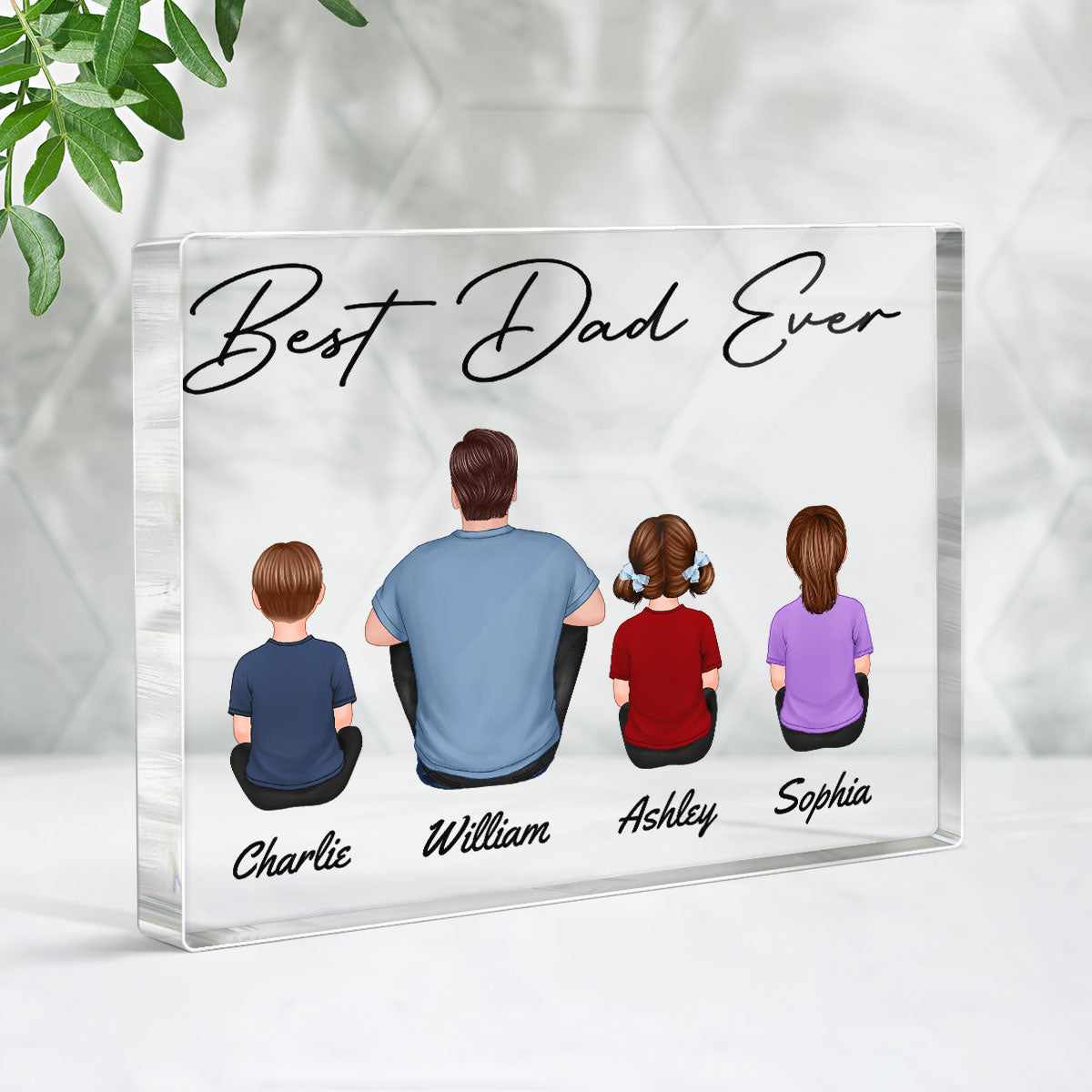 Back View Dad And Kids Dogs Cats Sitting Best Dad Ever Personalized Rectangle Acrylic Block Plaque