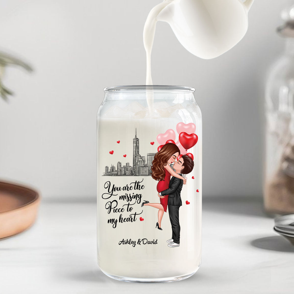 Couple Hugging Kissing You‘re The Missing Piece To My Heart Personalized Clear Glass Can