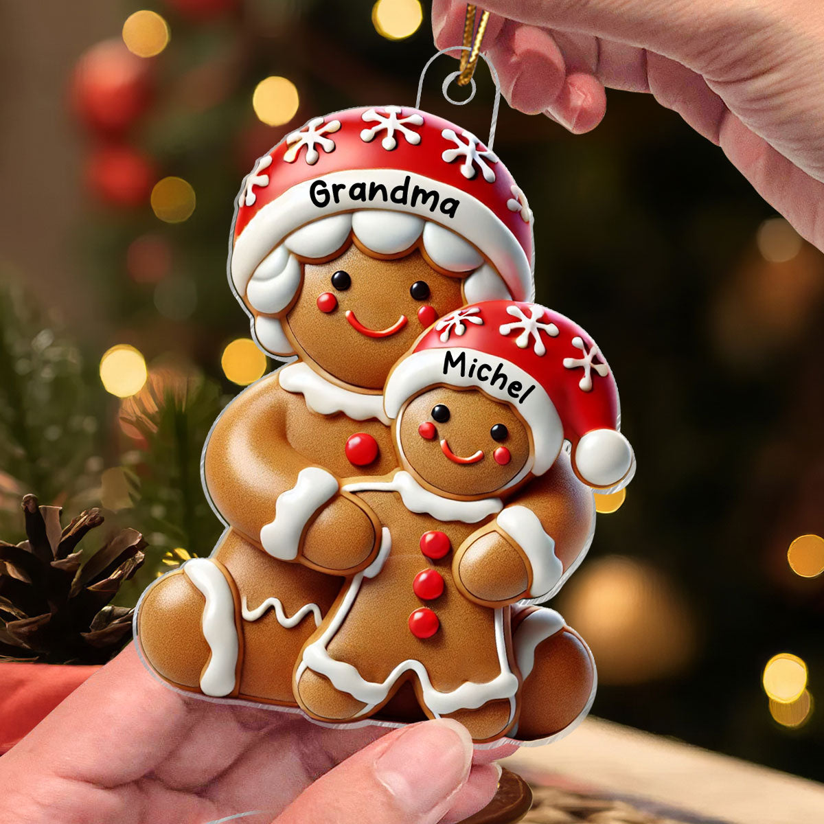3D Effect Gingerbread Grandma Hugging Grandkid Christmas Personalized Acrylic Ornament, Gift For Granddaughter, Grandson