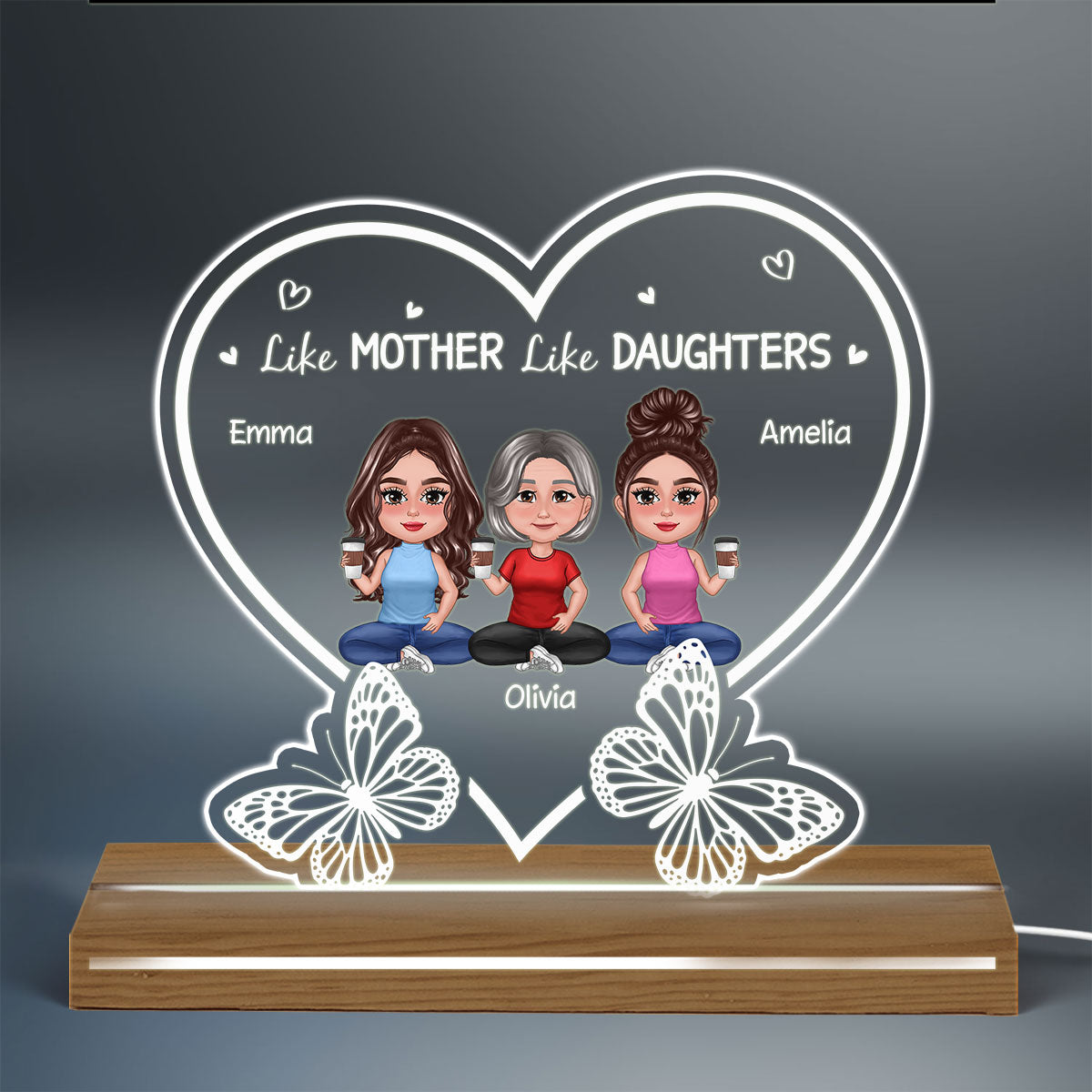 Pretty Doll Mother Daughters With Butterflies Personalized Acrylic Custom Shape LED Night Light