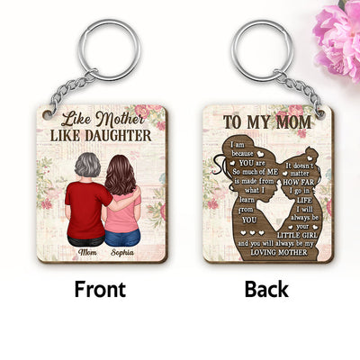 Back View Mom And Daughter Personalized Wooden Keychain
