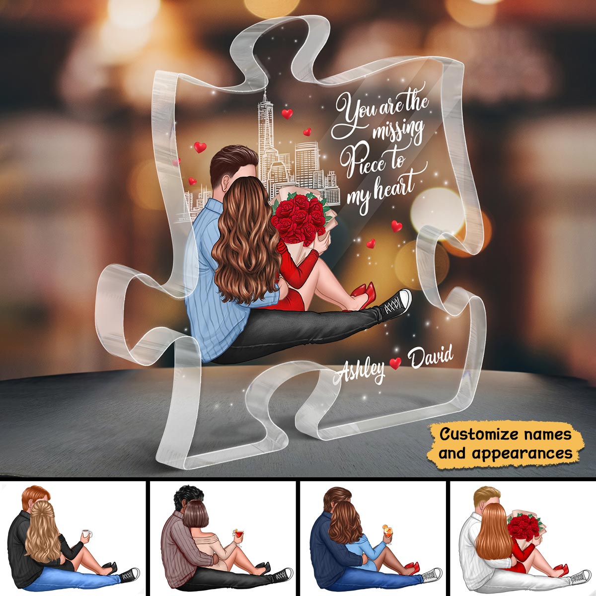 Missing Piece Embracing Sitting Couple Valentine‘s Day Gift - Gift For Him, Gift For Her - Personalized Puzzle Acrylic Plaque