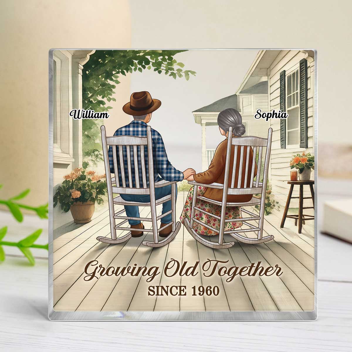Old Couple Sitting On The Porch Personalized Square Acrylic Block Plaque, Heartfelt Gift For Couple, For Him, For Her, Husband, Wife