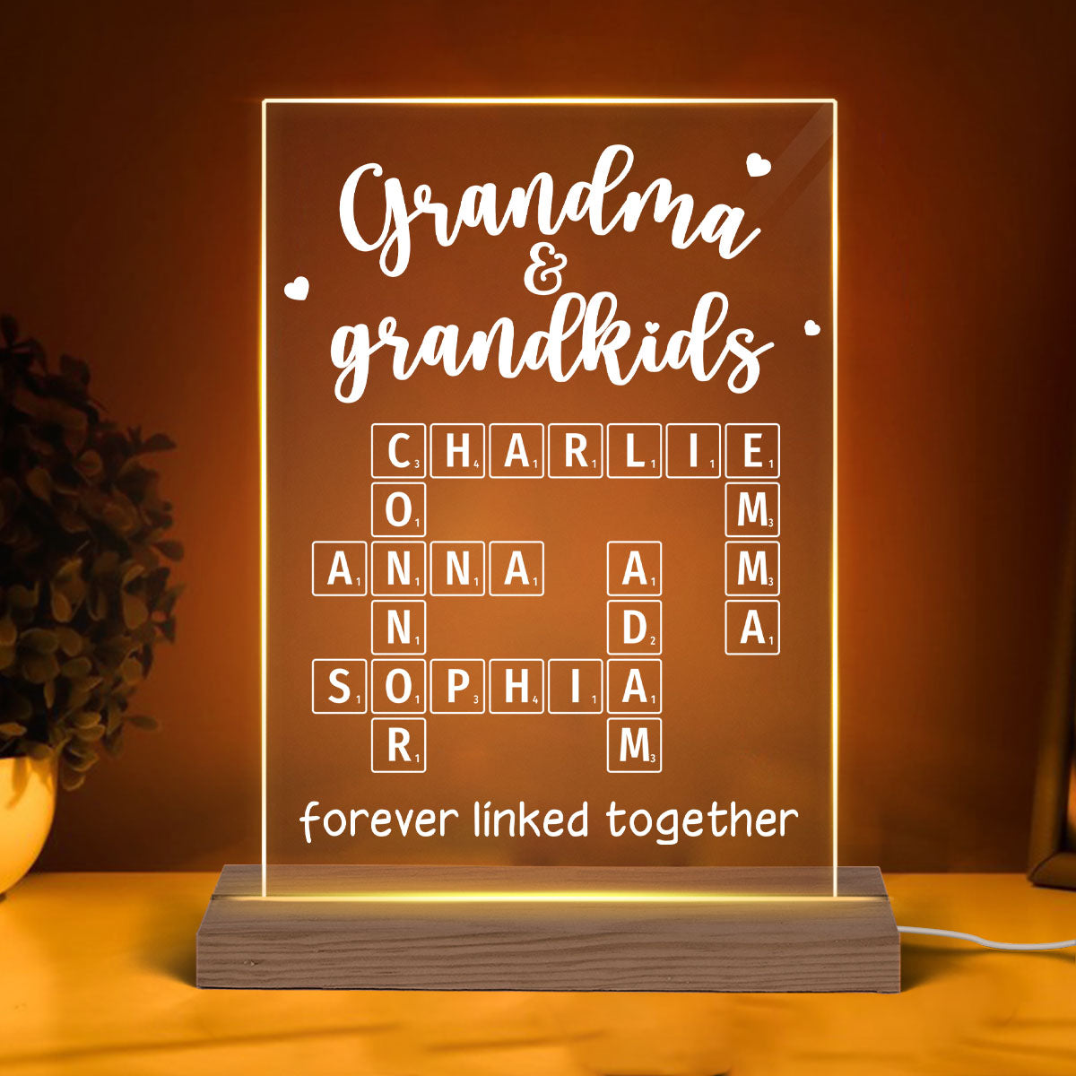 Grandma Grandpa & Grandkids Forever Linked Together Crossword Puzzle Personalized Acrylic Plaque With LED Night Light
