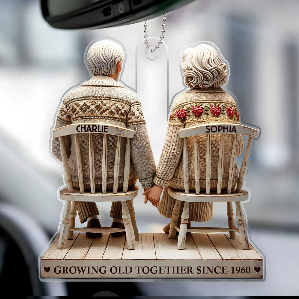 3D Effect Couple Sitting Holding Hands Growing Old Together Personalized Acrylic Car Hanger Ornament, Heartfelt  Gift For Couple, For Him, For Her, Husband, Wife