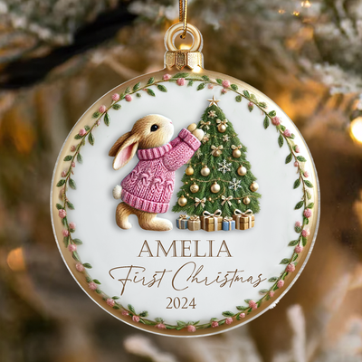 Baby's First Christmas Cute Pink Blue Bunny Rabbit For Baby Boy Girl Personalized Acrylic Ornament, New Parents Keepsake, Gift For Newborn