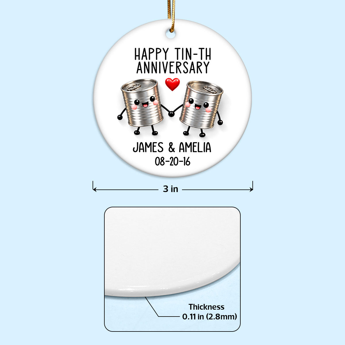 Happy Tin-th Anniversary - Personalized Ceramic Ornament - 10th Anniversary Gift for Husband, Funny 10 year Wedding Gift for Wife