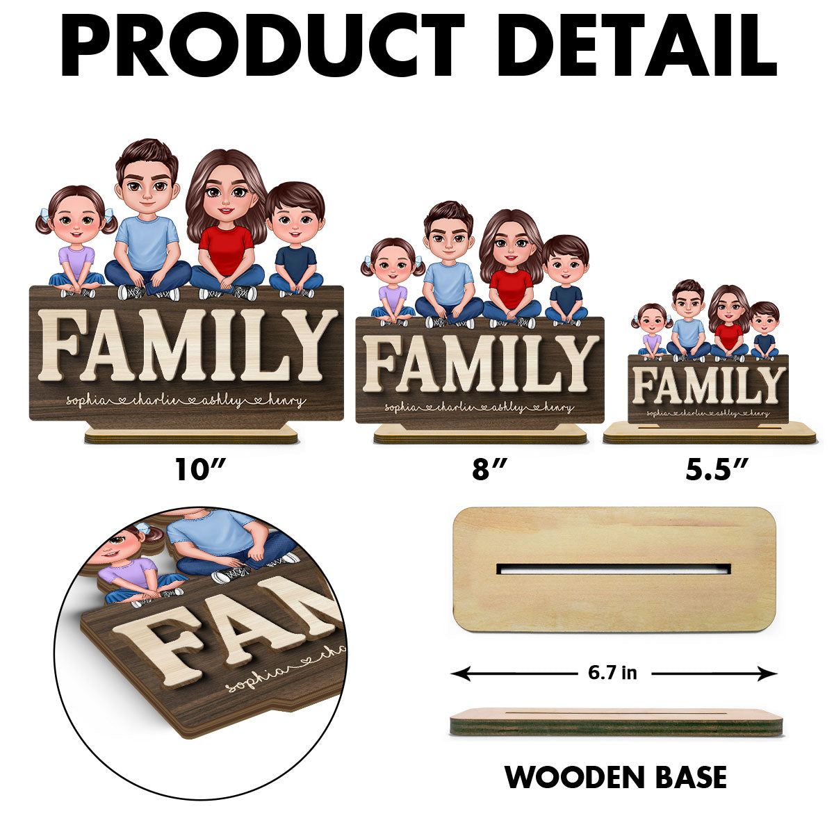 Whole Family Crossed Legs Sitting On Word Dad Mom Kid Dog Cat Personalized 2-Layer Standing Wooden Plaque