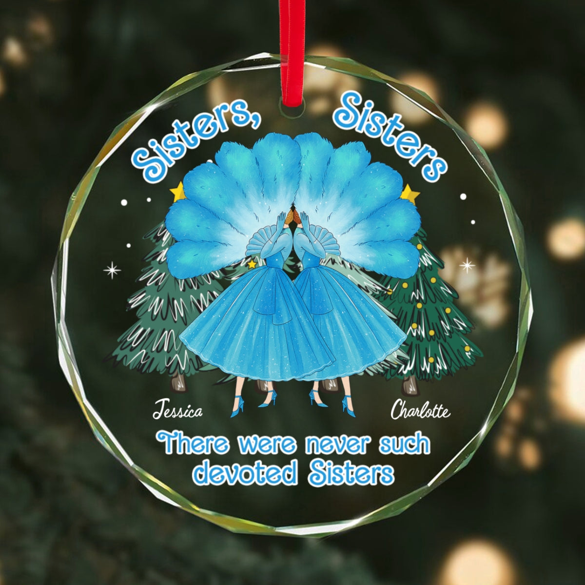 Sisters Sisters Besties in Blue Dresses Personalized Glass Ornament
