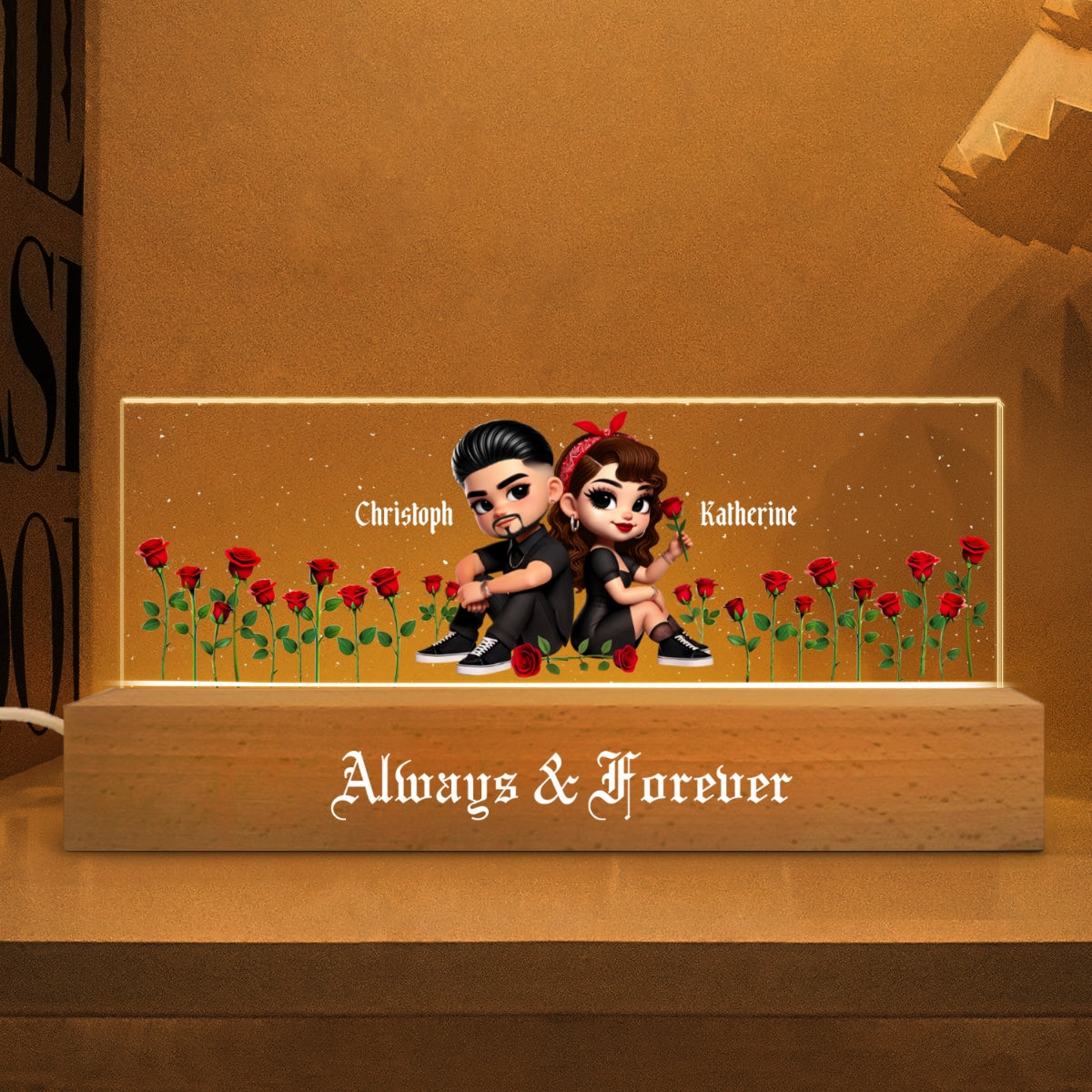 Pretty Couple Roses Heart Together Since Personalized Acrylic Block LED Night Light,  Gift, Anniversary Gift for Couples