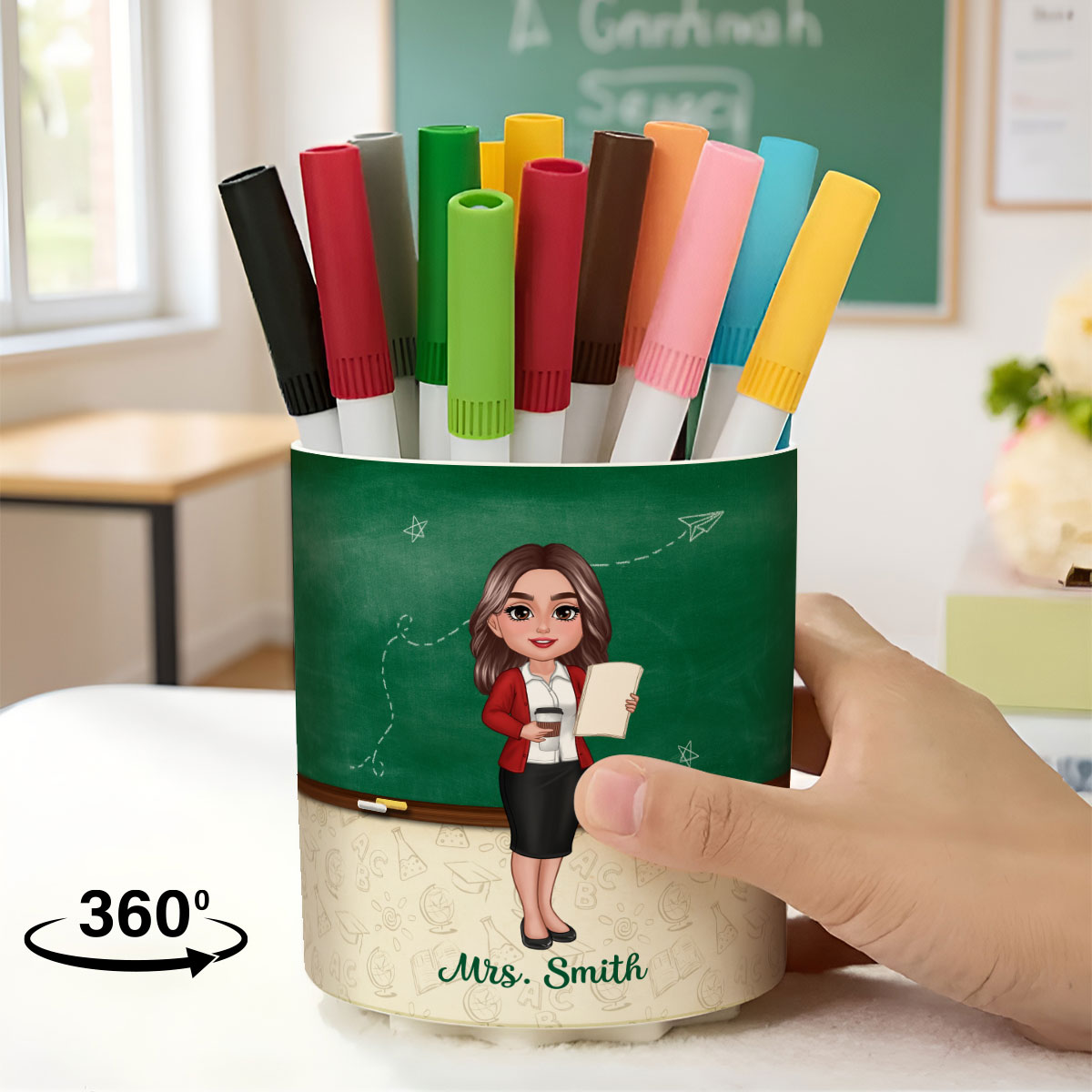 Green Board Teach Love Inspire Personalized Rotating Pen Holder, Teacher Appreciation Gift, Back To School Gift