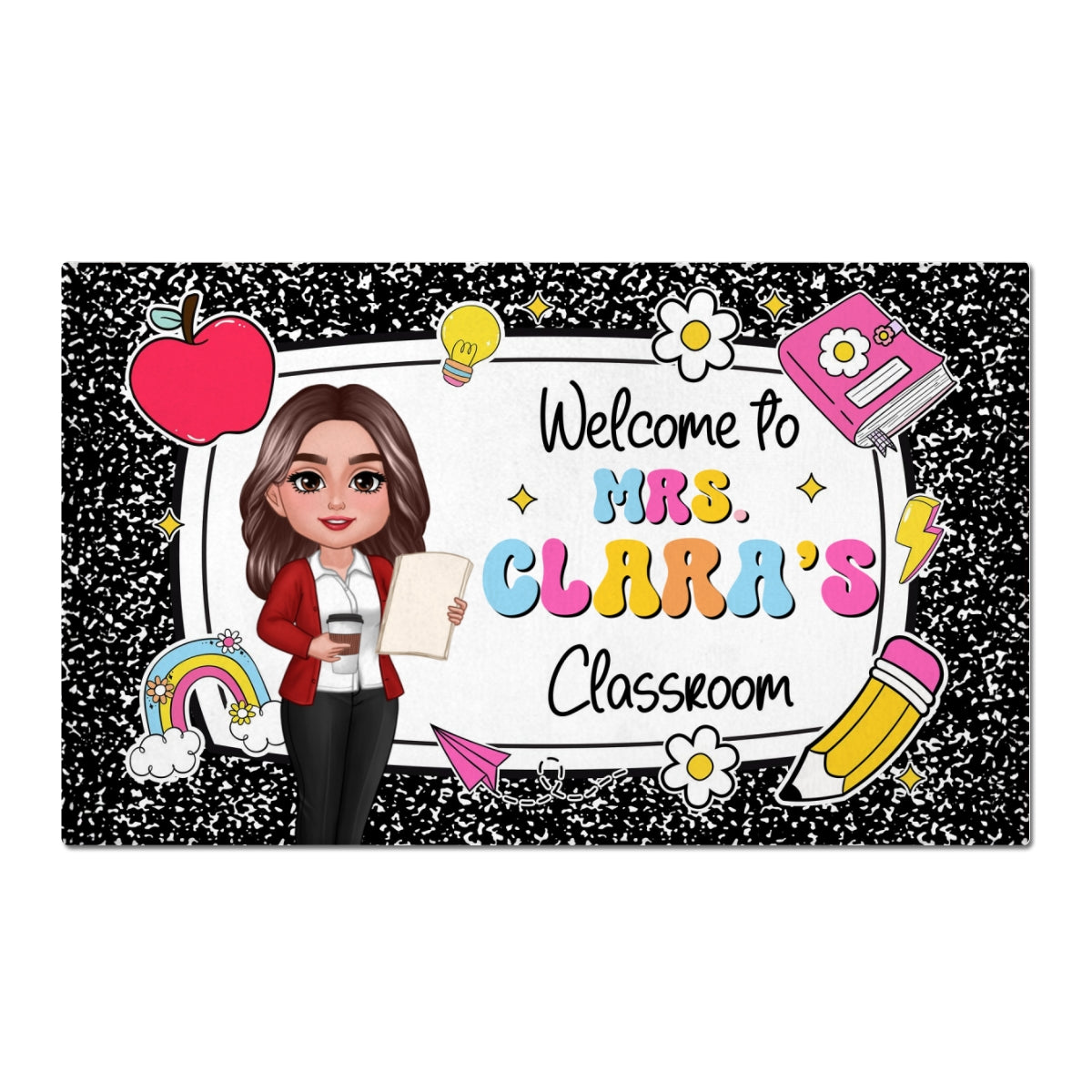 Teacher Composition Book Pattern - Personalized Doormat - Back To School Gift, Classroom Decoration
