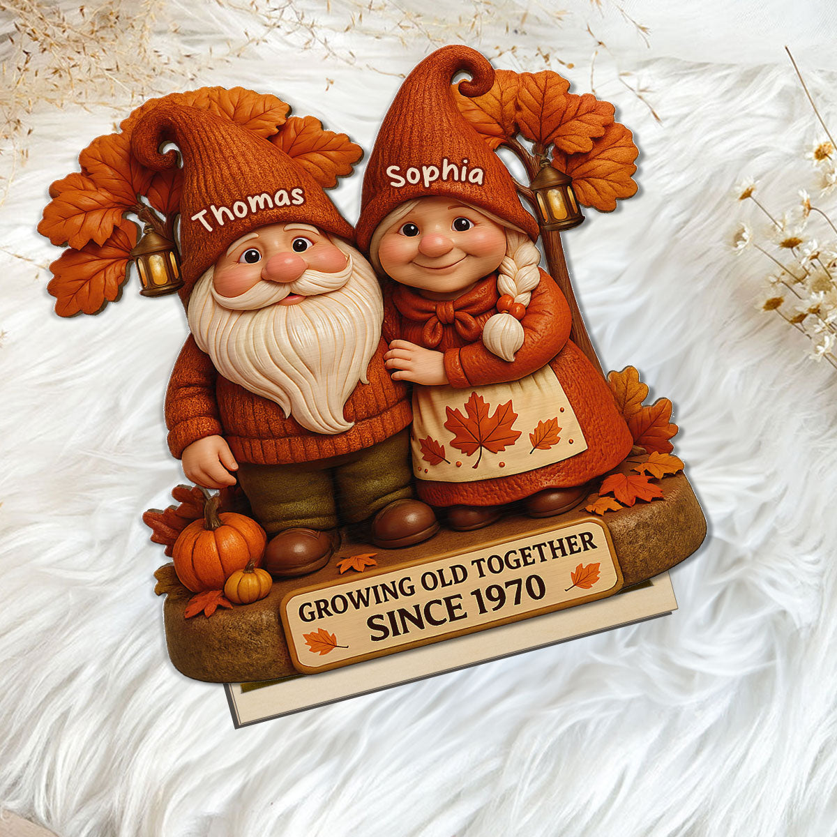 3D Effect Fall Season Gnome Couple Growing Old Together Personalized Standing Wooden Plaque
