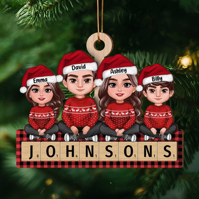 Whole Family Sitting On Word Personalized 2-Layer Wooden Ornament