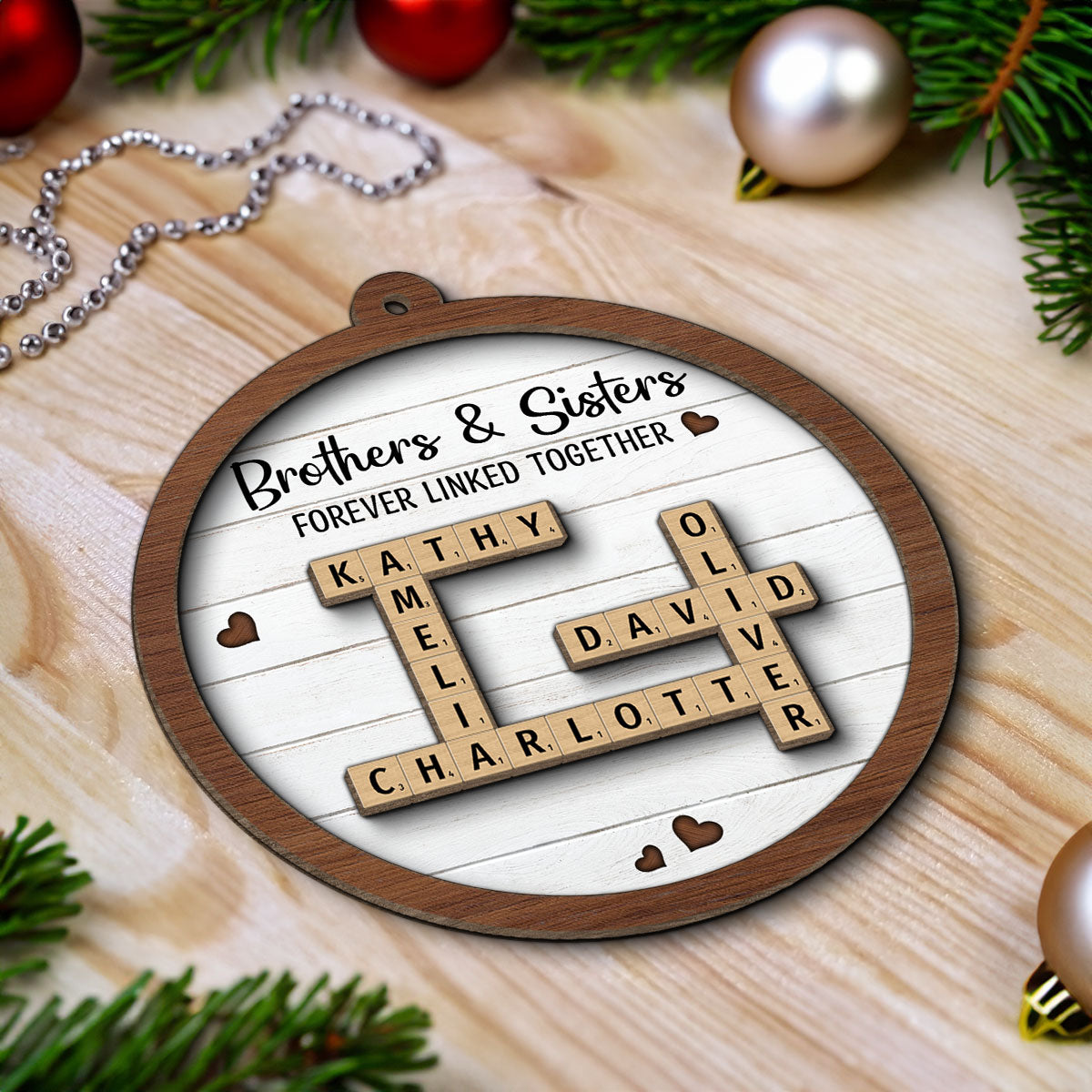 Brothers & Sisters Forever Linked Together Crossword Puzzle Art Personalized 2-Layer Wooden Ornament, Gift For Brothers, Sisters, Siblings, Family