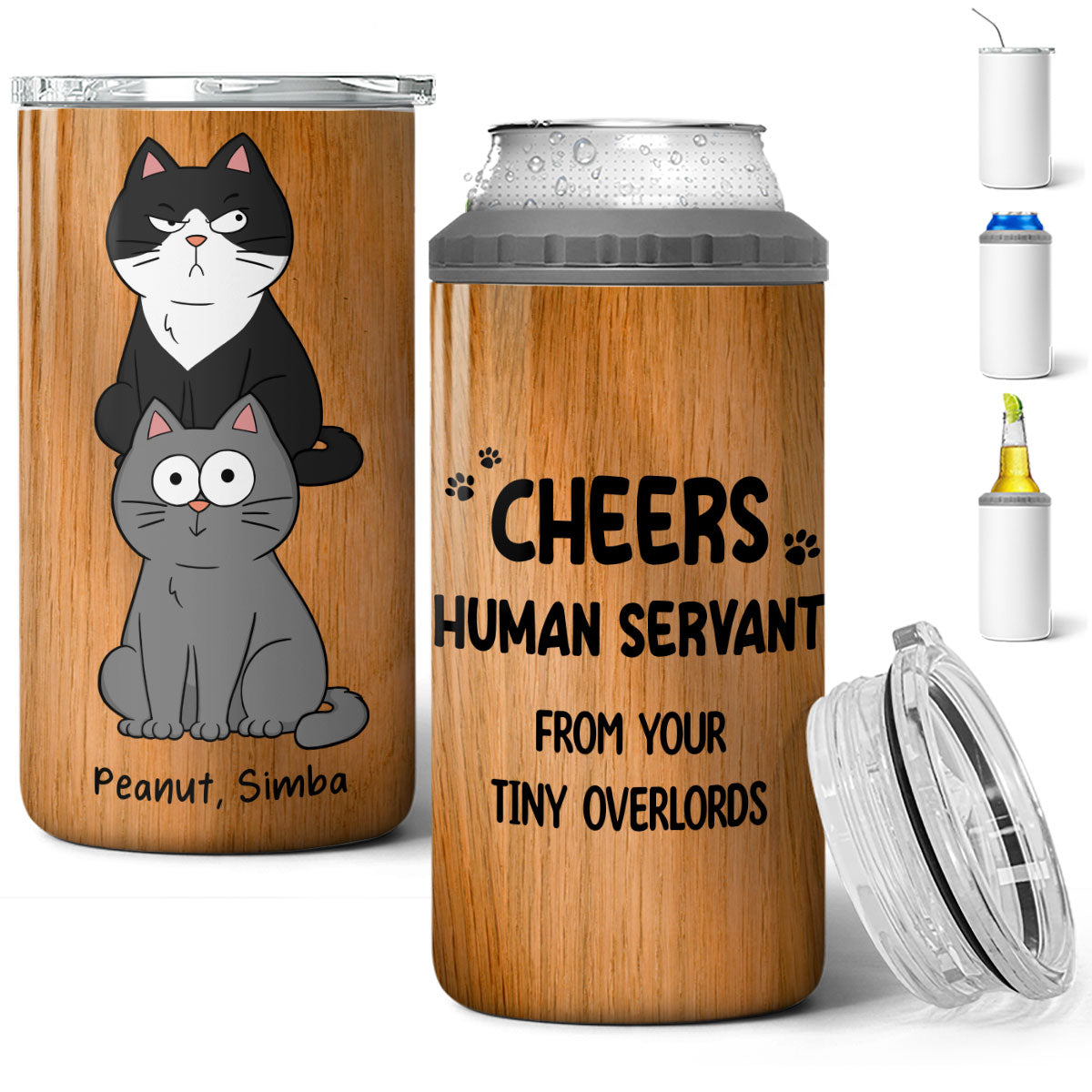 Happy Father‘s Day Human Servant Stacked Funny Cute Cat Gift For Cat Lover Personalized 4 In 1 Can Cooler