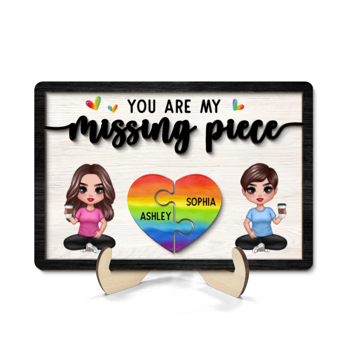 My Missing Piece LGBTQ+ Couple Sitting Valentine‘s Day Gift For Her Gift For Him Personalized 2-Layer Wooden Plaque