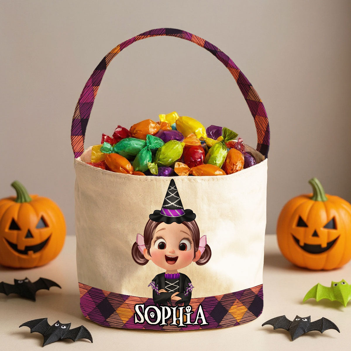 Halloween Cute Kids Personalized Trick or Treat Basket, Custom Names Candy Bucket for Kids