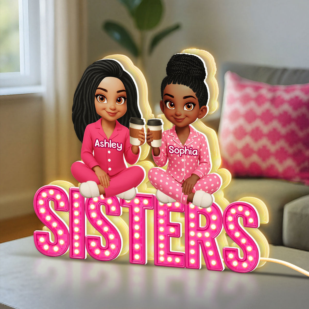 Pink Marquee Besties Sisters Sitting On Text Personalized Light Box
