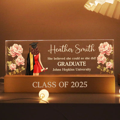 Graduation Senior Birth Month Flowers Personalized Rectangle Acrylic Block LED Night Light, Graduation Gift