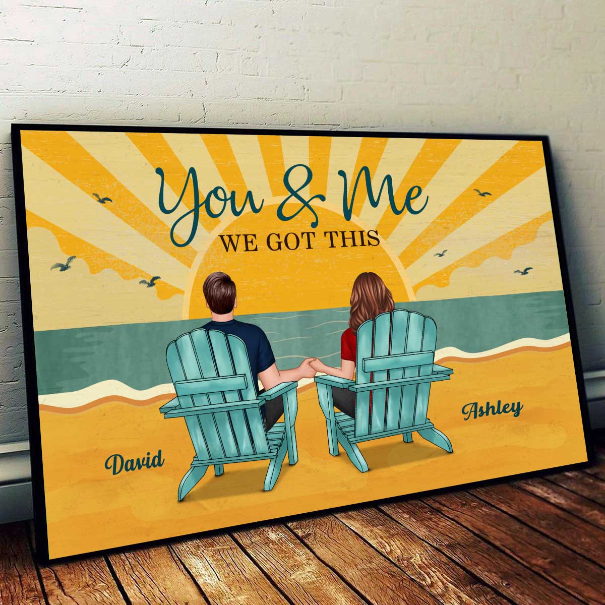 Back View Couple Sitting Beach Landscape Retro Yellow Personalized Horizontal Poster