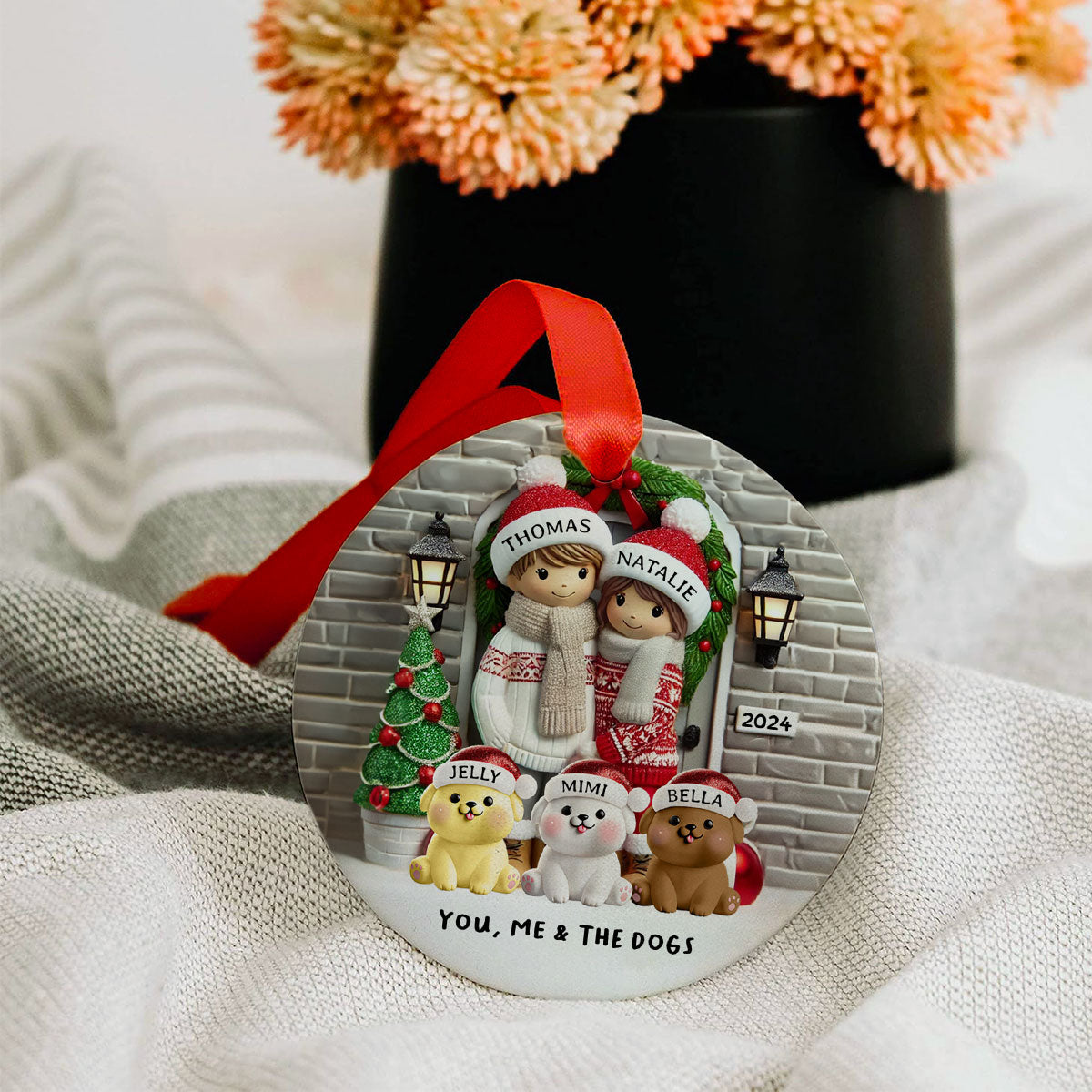 Farmhouse Couple Personalized Christmas Ceramic Ornament with Optional Pet Dog Cat, Christmas Gift for Him, Gift for Her