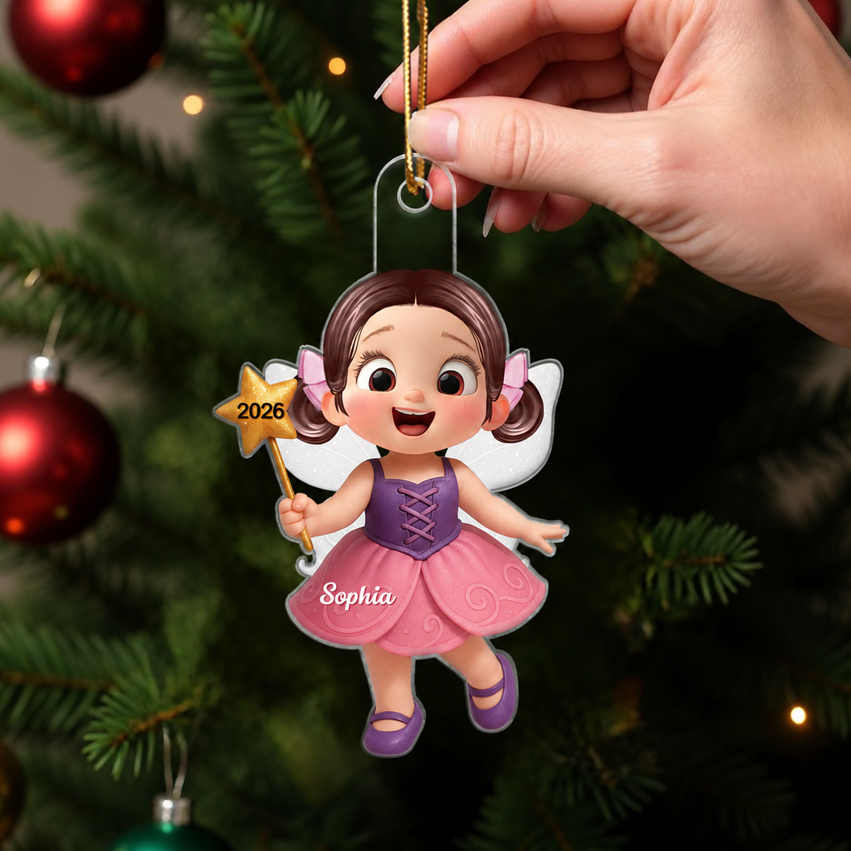 3D Effect Cute Cartoon Fairy Kid Christmas Personalized Acrylic Ornament, Beautiful Gift For Grandkids
