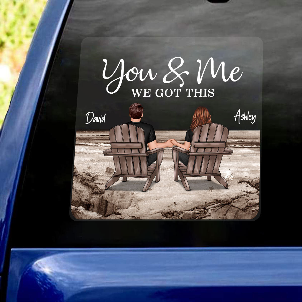 Back View Couple Sitting Beach Landscape Personalized Decal