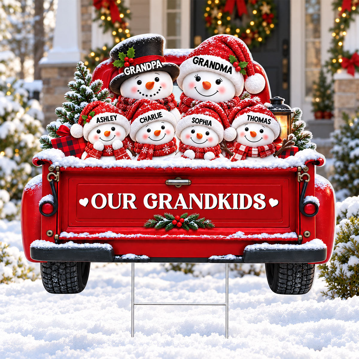 Christmas Cute Snowman Truck Grandpa Grandma Grandkids - Personalized Yard Sign - Christmas Decor For Grandparents