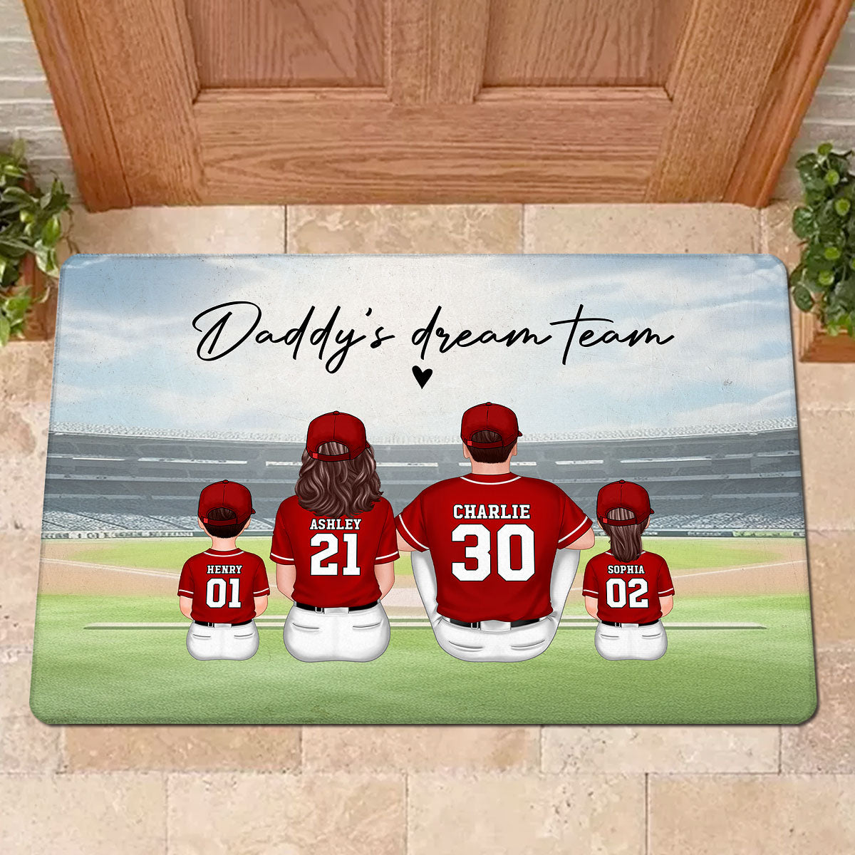 Daddy's Team Baseball Family Sitting Personalized Doormat, Father's Day Gift For Dad, Grandpa, Husband