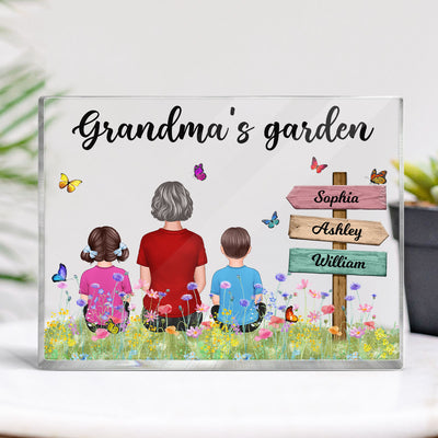 Grandma‘s Garden Back View Woman & Kids Names On Sign Personalized Horizontal Rectangle Acrylic Plaque