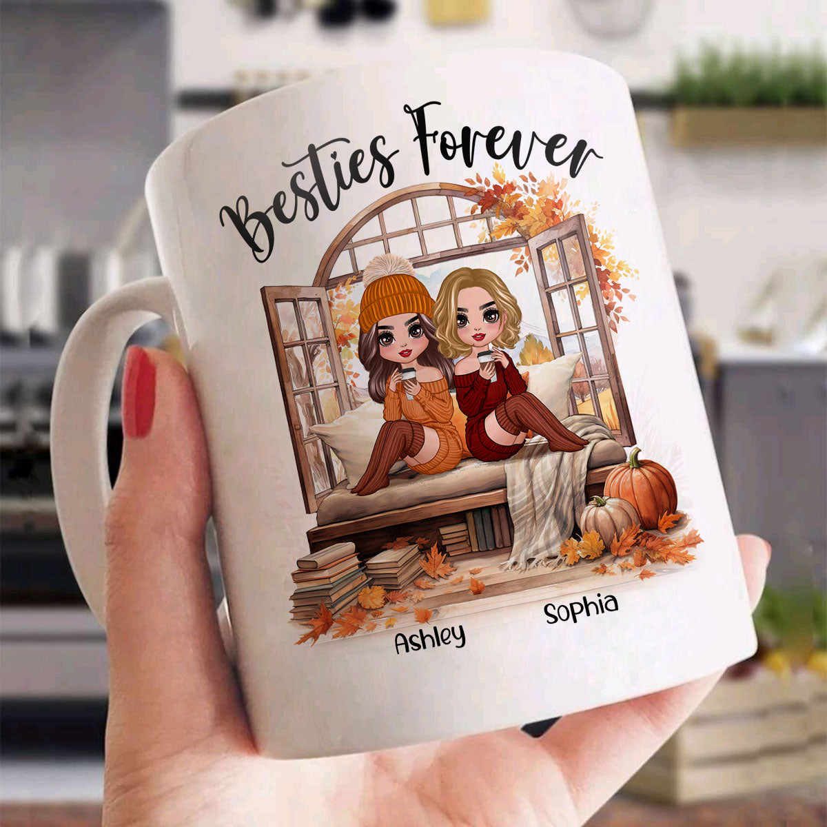 Besties Sisters Sitting Fall Season Window Personalized Mug