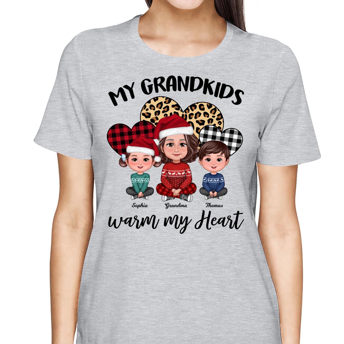 Leopard Checkered Pattern Grandkids Warm My Heart Doll Grandma And Kids Sitting Crossed Legs Christmas Personalized Shirt
