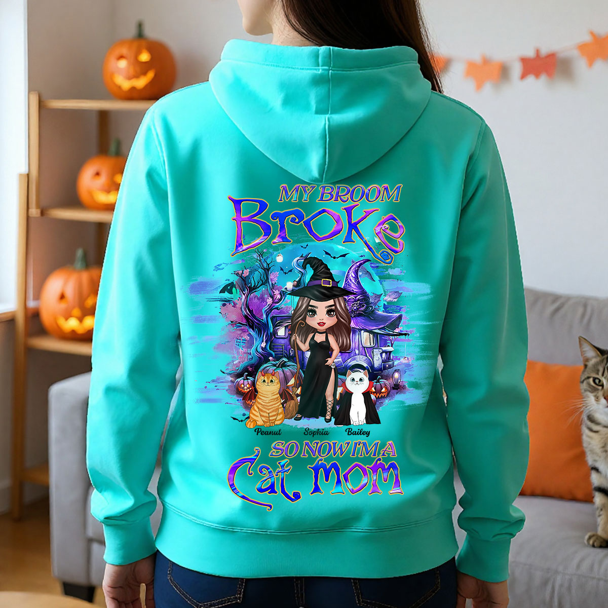 My Broom Broke So Now I'm A Cat Mom Halloween Personalized Hoodie