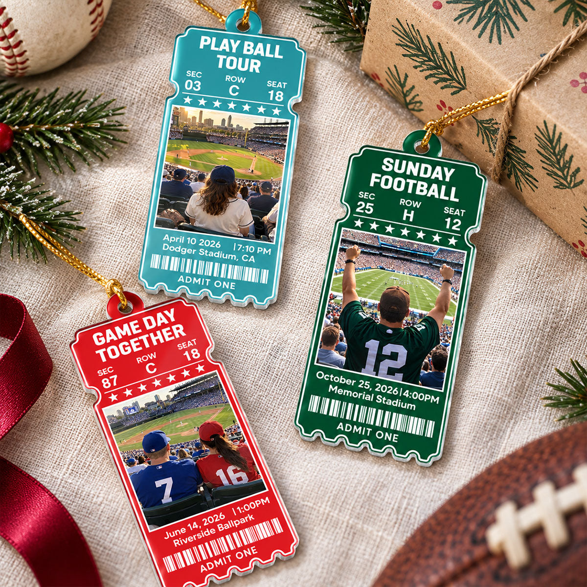 Custom Sports Ticket - Personalized Acrylic Ornament - Game Day Keepsake Stadium Memory, Christmas Gift for Him, for Her