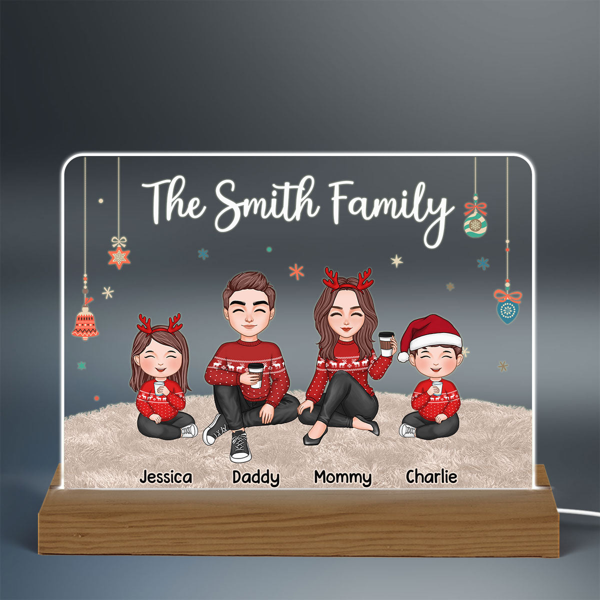 Christmas Cute Family Sitting On Carpet Personalized Acrylic Plaque Custom Shape Warm LED Night Light