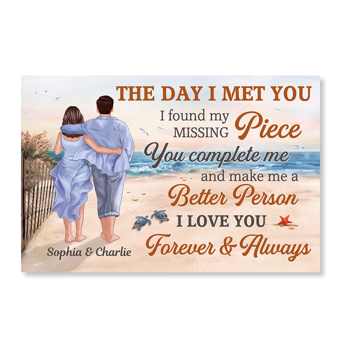 Back View Couple Walking On The Beach Path The Day I Met You Personalized Horizontal Poster