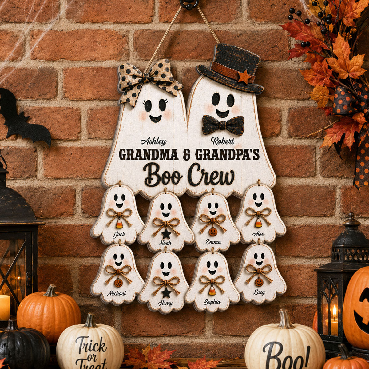 Rustic Halloween Grandpa Grandma's Boo Crew - Personalized Wood Sign - Halloween Decoration For Grandparents