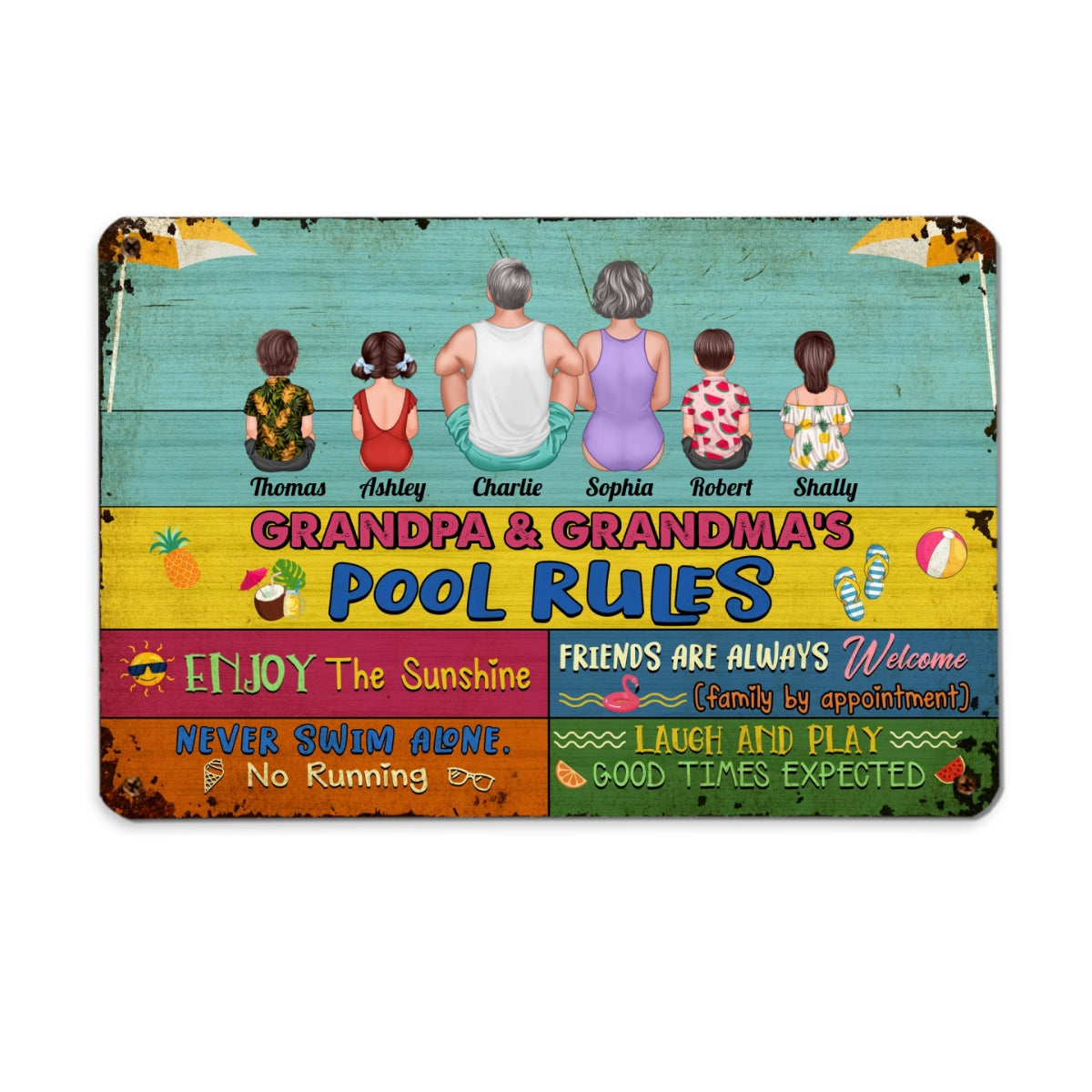 Grandparents Pool Rules Summer Palette Back View Sitting Man Woman Kids Personalized Metal Sign