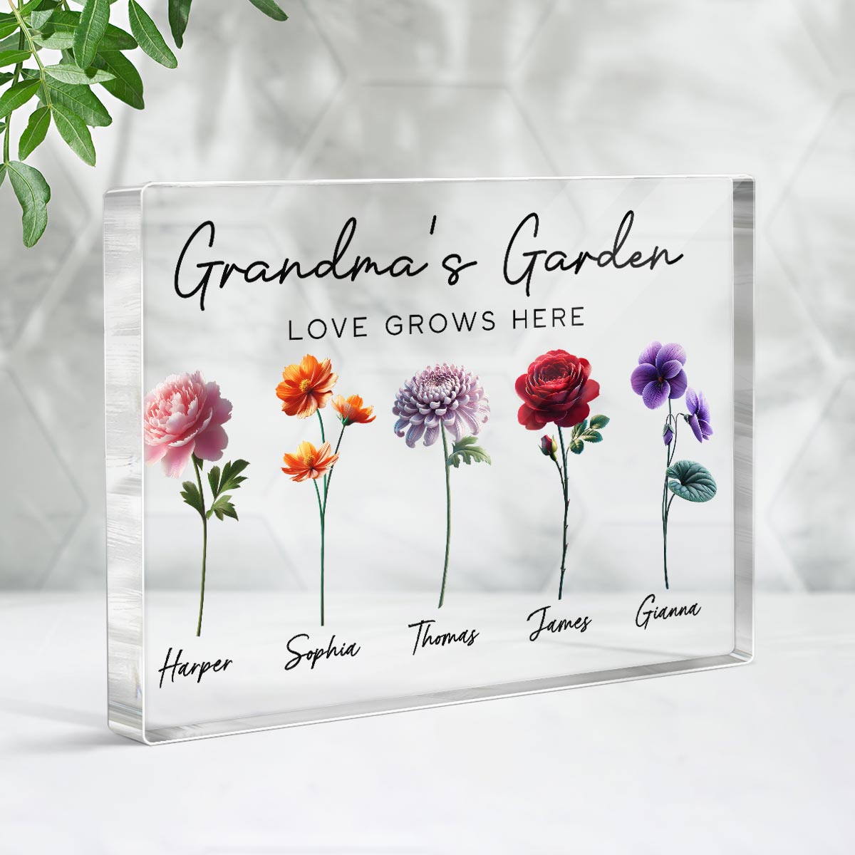 Grandma's Garden 3D Effect Birth Month Flower Personalized Acrylic Block Plaque, Gift For Grandma