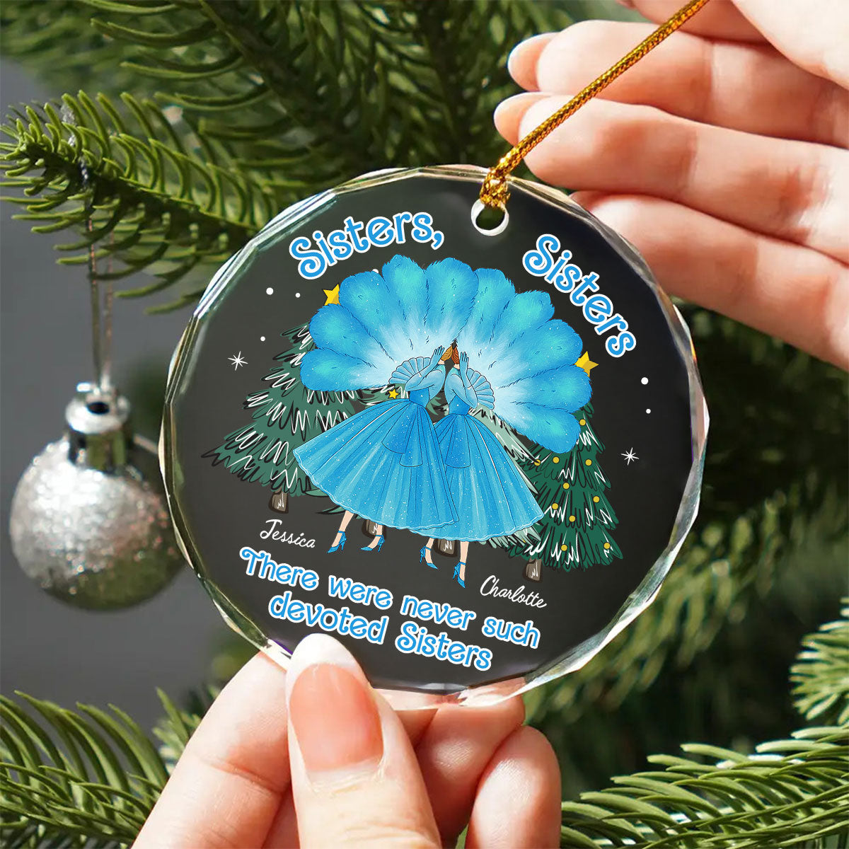 Sisters Sisters Besties in Blue Dresses Personalized Glass Ornament